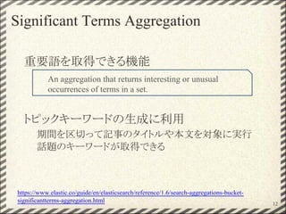Significant Terms Aggregation
重要語を取得できる機能
トピックキーワードの生成に利用
期間を区切って記事のタイトルや本文を対象に実行
話題のキーワードが取得できる
12
https://www.elastic.co/guide/en/elasticsearch/reference/1.6/search-aggregations-bucket-
significantterms-aggregation.html
An aggregation that returns interesting or unusual
occurrences of terms in a set.
 