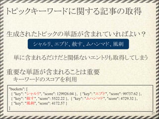 トピックキーワードに関する記事の取得
生成されたトピックの単語が含まれていればよい？
単に含まれるだけだと関係ないエントリも取得してしまう
重要な単語が含まれることは重要
キーワードのスコアを利用
27
シャルリ、エブド、赦す、ムハンマド、風刺
"buckets": [
{ "key": "シャルリ", "score": 129926.04 }, { "key": "エブド", "score": 99737.62 },
{ "key": "赦す", "score": 5522.22 }, { "key": "ムハンマド", "score": 4729.32 },
{ "key": "風刺", "score": 4172.57 }
]
 