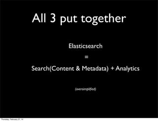 All 3 put together
Elasticsearch
=
Search(Content & Metadata) + Analytics
(oversimpliﬁed)

Thursday, February 27, 14

 