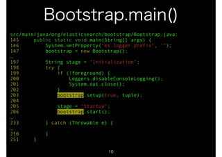 Bootstrap.main() 
src/main/java/org/elasticsearch/bootstrap/Bootstrap.java: 
145 public static void main(String[] args) { 
146 System.setProperty("es.logger.prefix", ""); 
147 bootstrap = new Bootstrap(); 
… 
197 String stage = "Initialization"; 
198 try { 
199 if (!foreground) { 
200 Loggers.disableConsoleLogging(); 
201 System.out.close(); 
202 } 
203 bootstrap.setup(true, tuple); 
204 
205 stage = "Startup"; 
206 bootstrap.start(); 
… 
233 } catch (Throwable e) { 
… 
250 } 
251 } 
10 
 