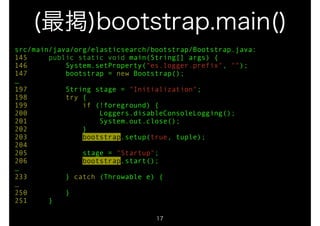 (最掲)bootstrap.main() 
src/main/java/org/elasticsearch/bootstrap/Bootstrap.java: 
145 public static void main(String[] args) { 
146 System.setProperty("es.logger.prefix", ""); 
147 bootstrap = new Bootstrap(); 
… 
197 String stage = "Initialization"; 
198 try { 
199 if (!foreground) { 
200 Loggers.disableConsoleLogging(); 
201 System.out.close(); 
202 } 
203 bootstrap.setup(true, tuple); 
204 
205 stage = "Startup"; 
206 bootstrap.start(); 
… 
233 } catch (Throwable e) { 
… 
250 } 
251 } 
17 
 