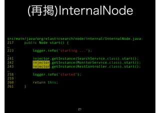 (再掲)InternalNode 
src/main/java/org/elasticsearch/node/internal/InternalNode.java: 
217 public Node start() { 
… 
223 logger.info("starting ..."); 
… 
241 injector.getInstance(SearchService.class).start(); 
242 injector.getInstance(MonitorService.class).start(); 
243 injector.getInstance(RestController.class).start(); 
… 
258 logger.info("started"); 
259 
260 return this; 
261 } 
21 
 