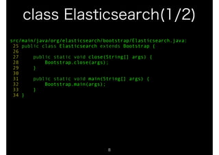 class Elasticsearch(1/2) 
src/main/java/org/elasticsearch/bootstrap/Elasticsearch.java: 
25 public class Elasticsearch extends Bootstrap { 
26 
27 public static void close(String[] args) { 
28 Bootstrap.close(args); 
29 } 
30 
31 public static void main(String[] args) { 
32 Bootstrap.main(args); 
33 } 
34 } 
8 
 