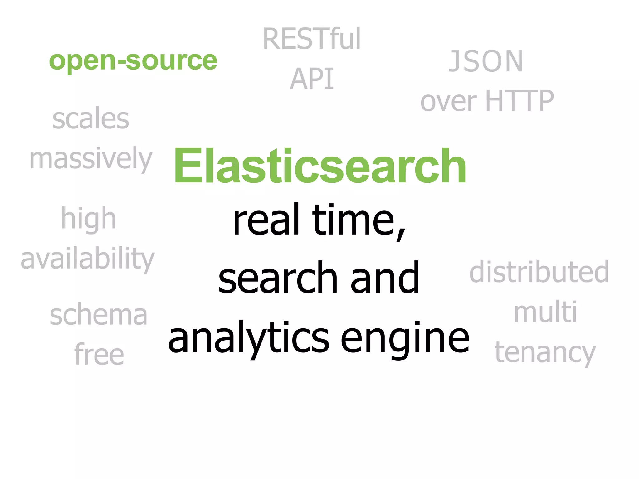 Elasticsearch real time, search and analytics engine distributed open-source scales massively RESTful API JSON over HTTP high availability schema free multi tenancy 