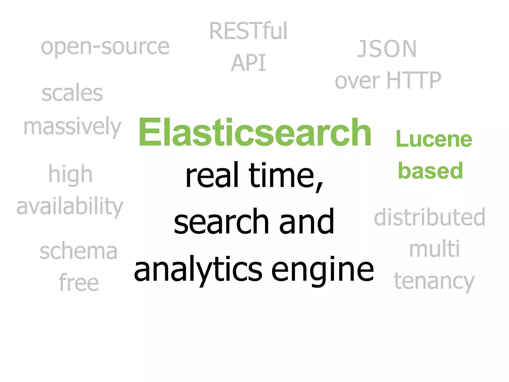 Elasticsearch real time, search and analytics engine Lucene based distributed open-source scales massively RESTful API JSON over HTTP high availability schema free multi tenancy 