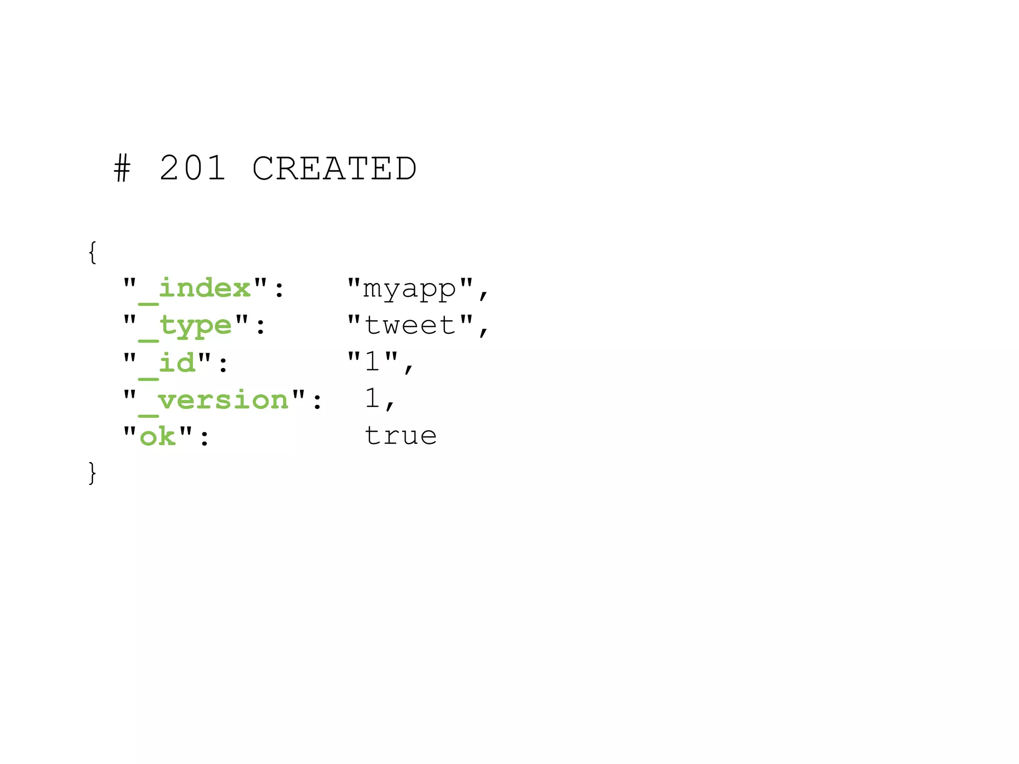 { "_index": "_type": "_id": "_version": "ok": "myapp", "tweet", "1", 1, true } # 201 CREATED 