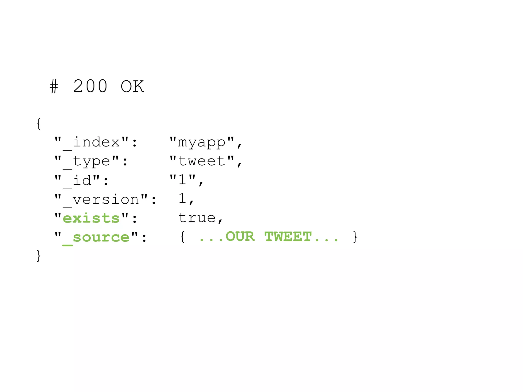 { "_index": "_type": "_id": "_version": "exists": "_source": "myapp", "tweet", "1", 1, true, { ...OUR TWEET... } } # 200 OK 