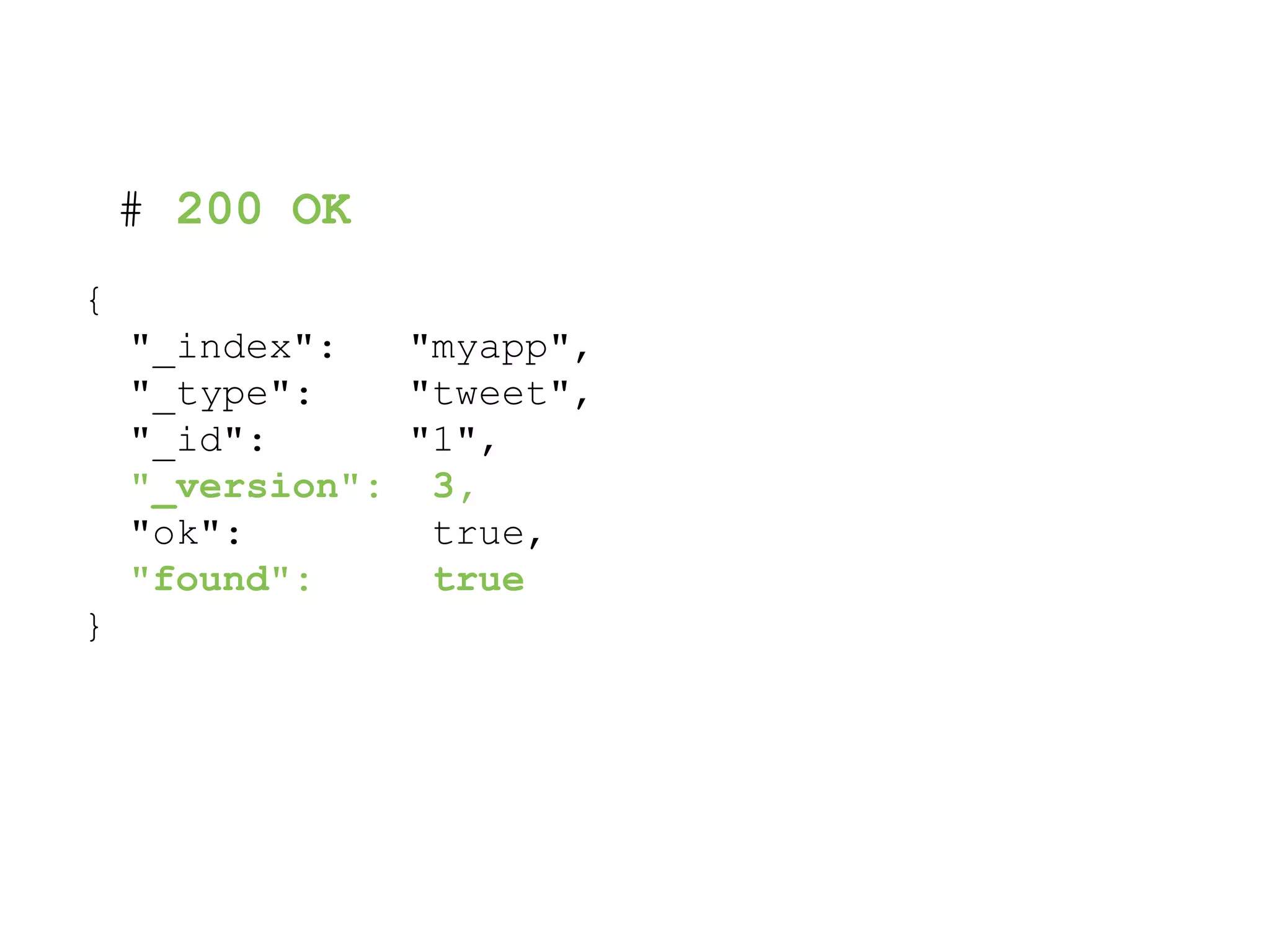 { "_index": "myapp", "_type": "tweet", "_id": "1", "_version": 3, "ok": true, "found": true } # 200 OK 