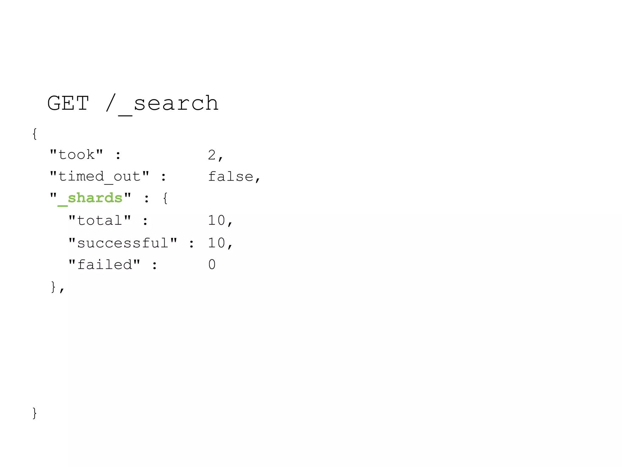 GET /_search { 2, false, "took" : "timed_out" : "_shards" : { "total" : 10, "successful" : 10, "failed" : 0 }, } 