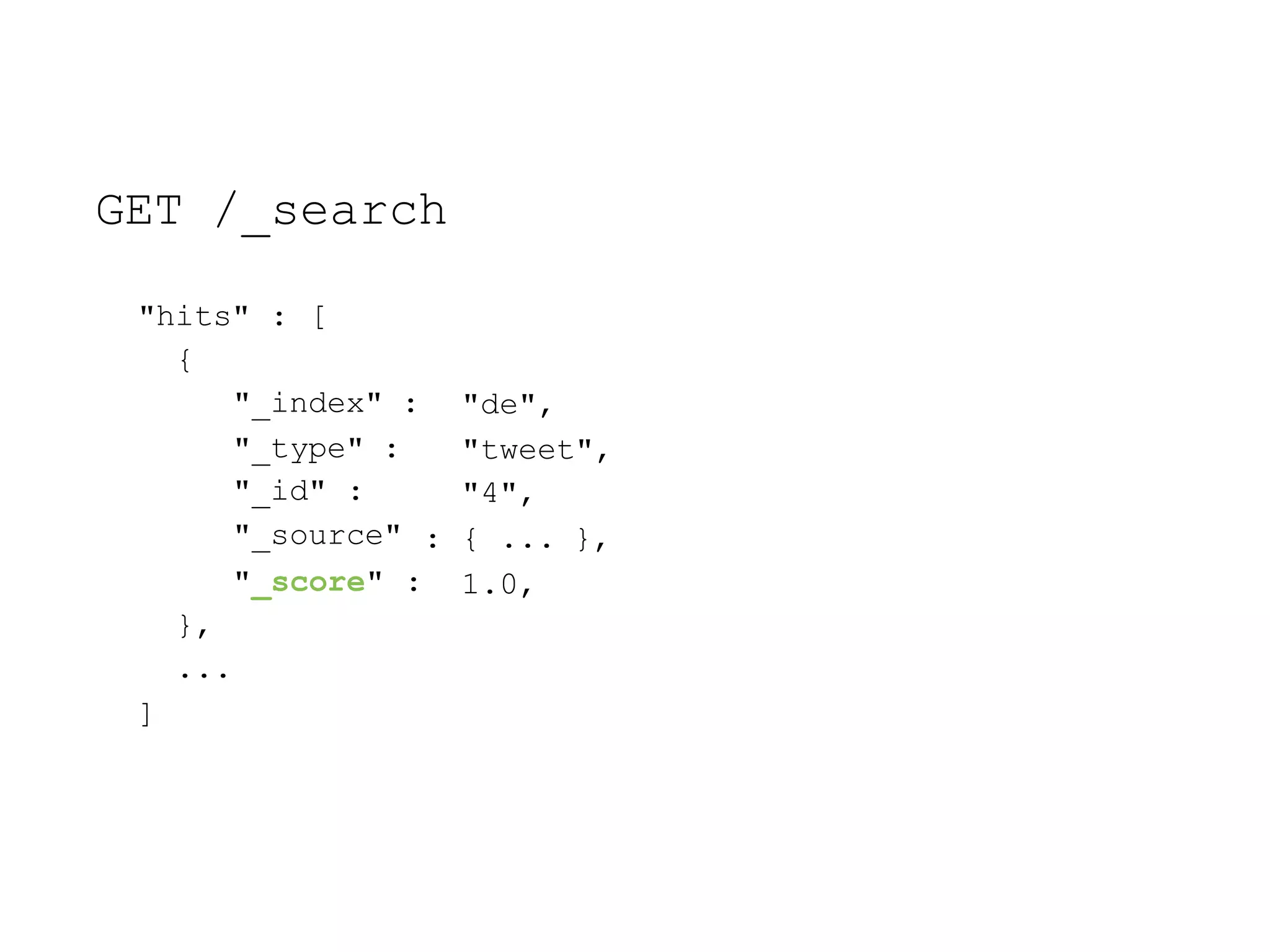 GET /_search "de", "tweet", "4", : { ... }, 1.0, "hits" : [ { "_index" : "_type" : "_id" : "_source" "_score" : }, ... ] 