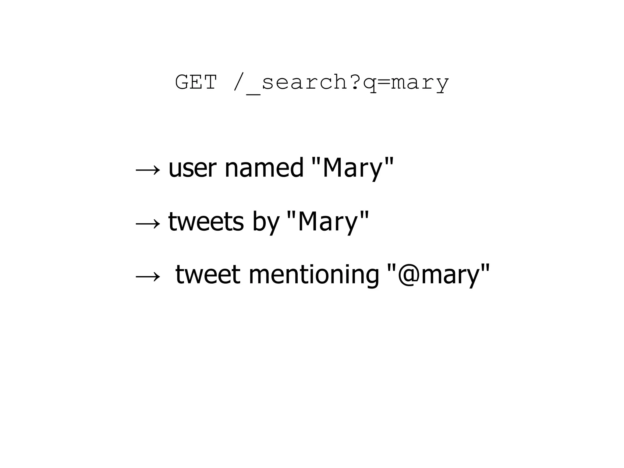 → user named "Mary" → tweets by "Mary" → tweet mentioning "@mary" GET /_search?q=mary 