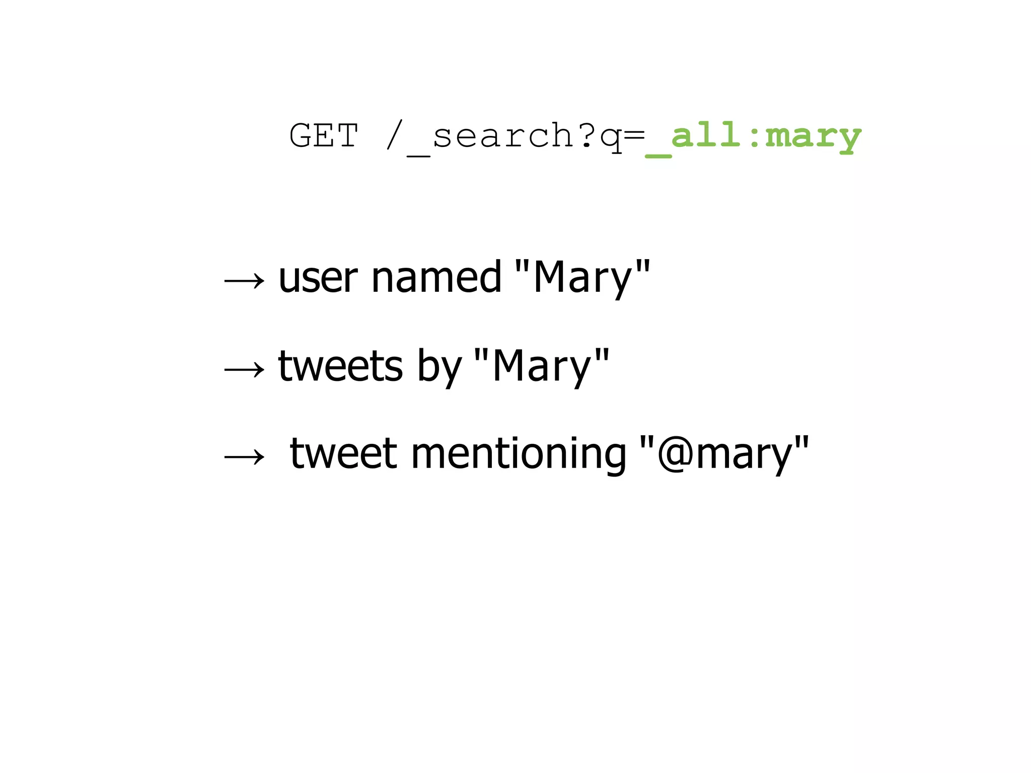 GET /_search?q=_all:mary → user named "Mary" → tweets by "Mary" → tweet mentioning "@mary" 