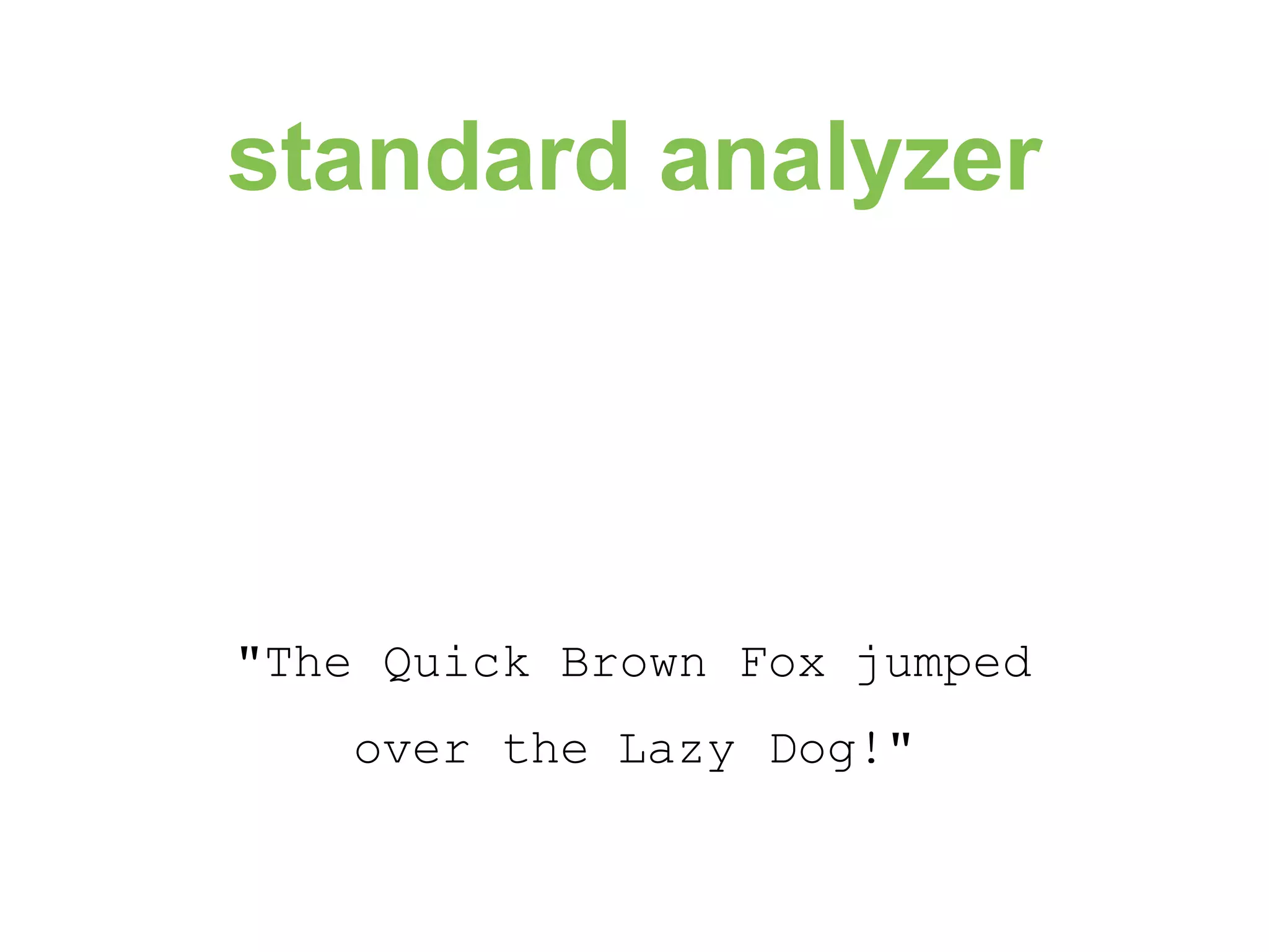 standard analyzer "The Quick Brown Fox jumped over the Lazy Dog!" 