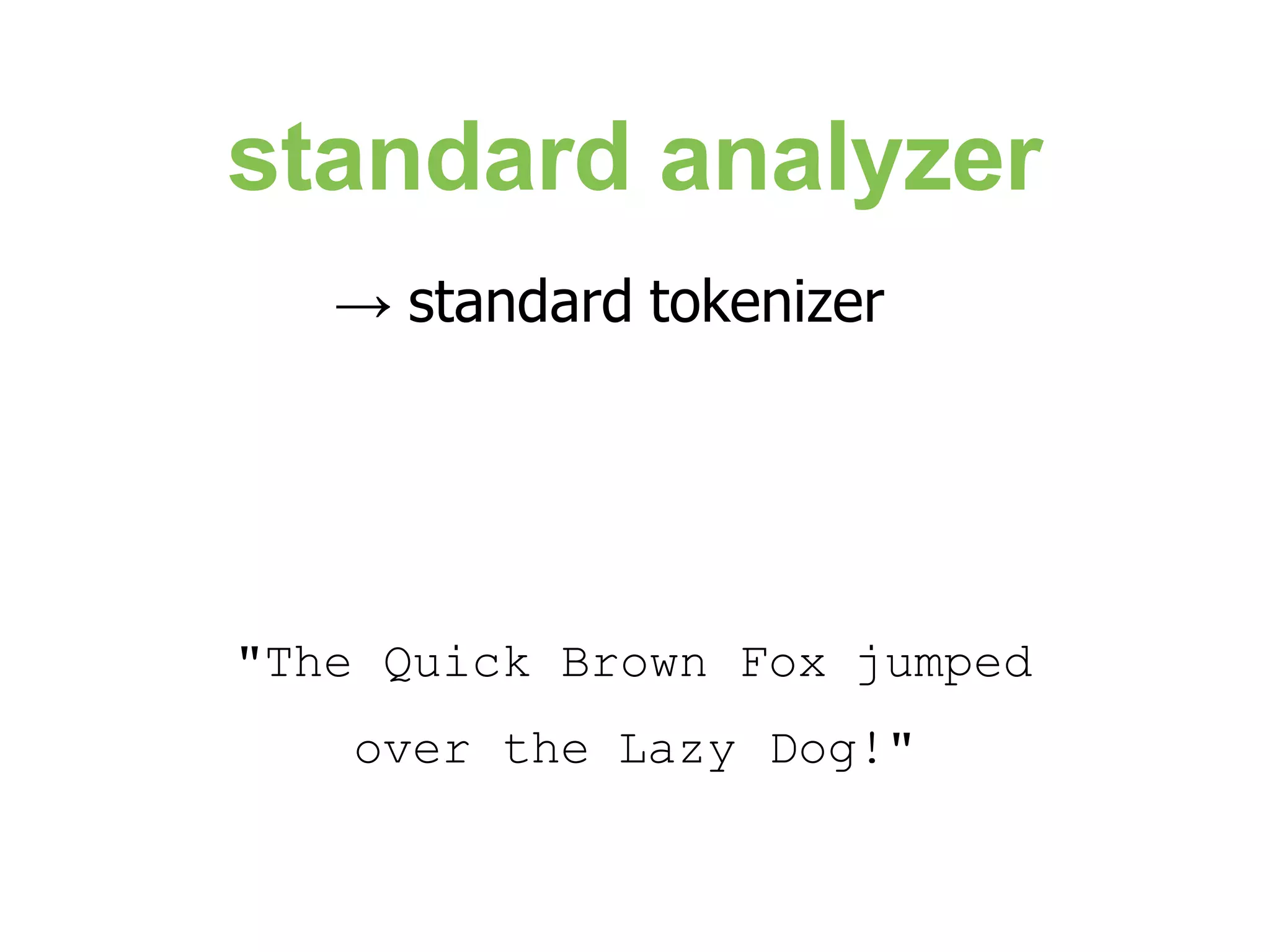standard analyzer → standard tokenizer "The Quick Brown Fox jumped over the Lazy Dog!" 