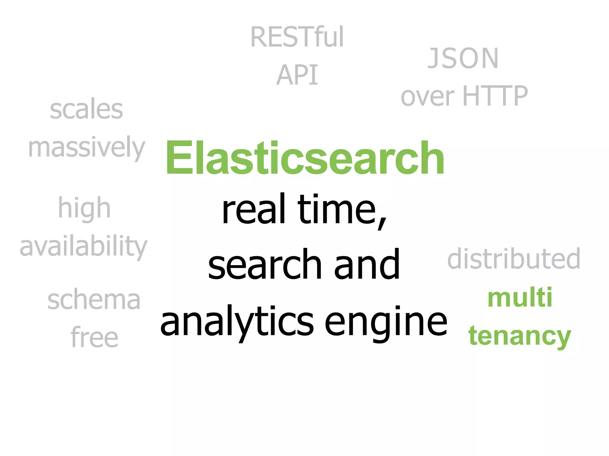 Elasticsearch real time, search and analytics engine distributed scales massively RESTful API JSON over HTTP high availability schema free multi tenancy 