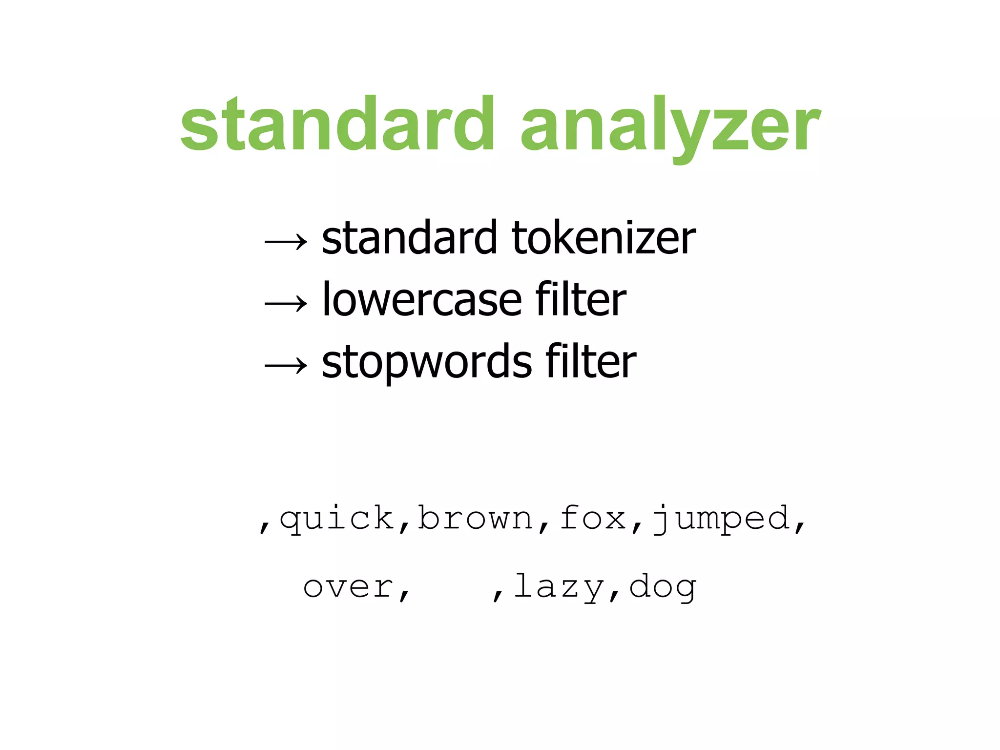 standard analyzer → standard tokenizer → lowercase filter → stopwords filter ,quick,brown,fox,jumped, over, ,lazy,dog 