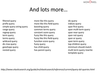 And	
  lots	
  more…	
  
ﬁltered	
  query	
  
preﬁx	
  query	
  
simple	
  query	
  string	
  query	
  
range	
  query	
  
regexp	
  query	
  
term	
  query	
  
terms	
  query	
  
wildcard	
  query	
  
dis	
  max	
  query	
  
geoshape	
  query	
  
nested	
  query	
  
	
  
more	
  like	
  this	
  query	
  
more	
  like	
  this	
  ﬁeld	
  query	
  
boosHng	
  query	
  
common	
  terms	
  query	
  
constant	
  score	
  query	
  
fuzzy	
  like	
  this	
  query	
  
fuzzy	
  like	
  this	
  ﬁeld	
  query	
  
funcHon	
  score	
  query	
  
fuzzy	
  query	
  
has	
  child	
  query	
  
has	
  parent	
  query	
  
	
  
ids	
  query	
  
indices	
  query	
  
span	
  ﬁrst	
  query	
  
span	
  mulH	
  term	
  query	
  
span	
  near	
  query	
  
span	
  not	
  query	
  
span	
  or	
  query	
  
span	
  term	
  query	
  
top	
  children	
  query	
  
minimum	
  should	
  match	
  
mulH	
  term	
  query	
  rewrite	
  
template	
  query	
  
	
  
	
  
hAp://www.elas+csearch.org/guide/en/elas+csearch/reference/current/query-­‐dsl-­‐queries.html	
  
 