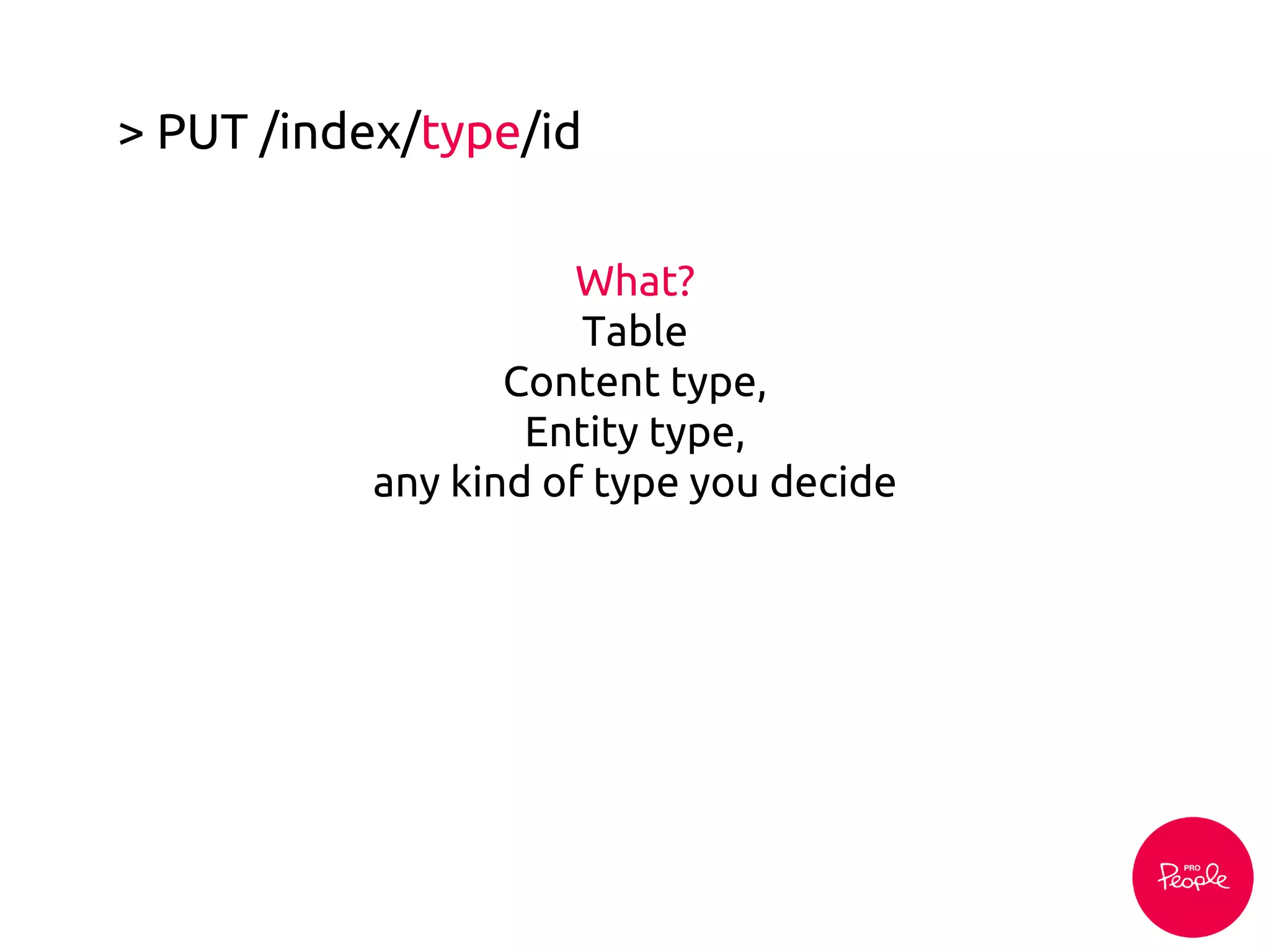 > PUT /index/type/id
What?
Table
Content type,
Entity type,
any kind of type you decide
 
