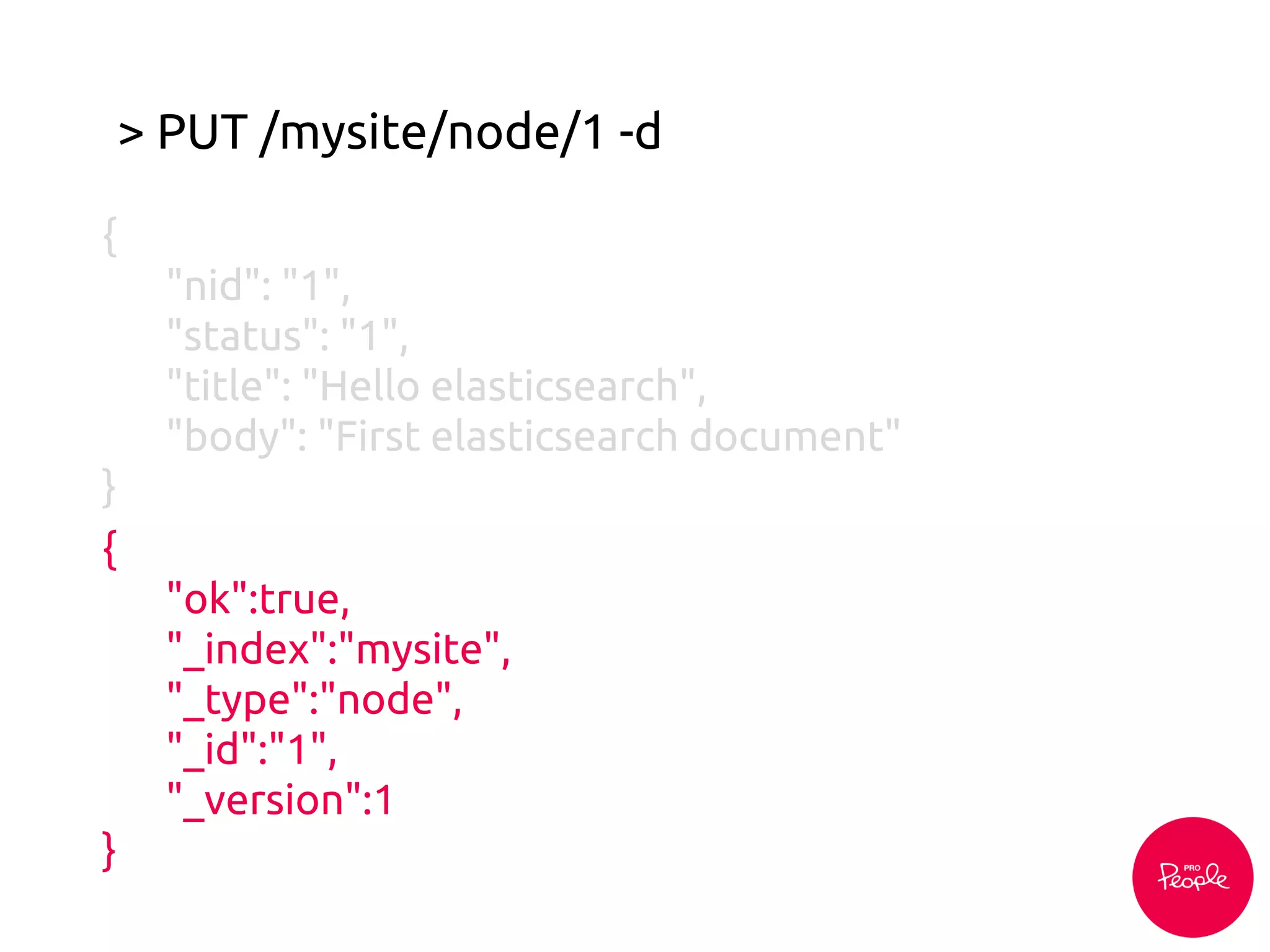 > PUT /mysite/node/1 -d
{
"nid": "1",
"status": "1",
"title": "Hello elasticsearch",
"body": "First elasticsearch document"
}
{
"ok":true,
"_index":"mysite",
"_type":"node",
"_id":"1",
"_version":1
}
 