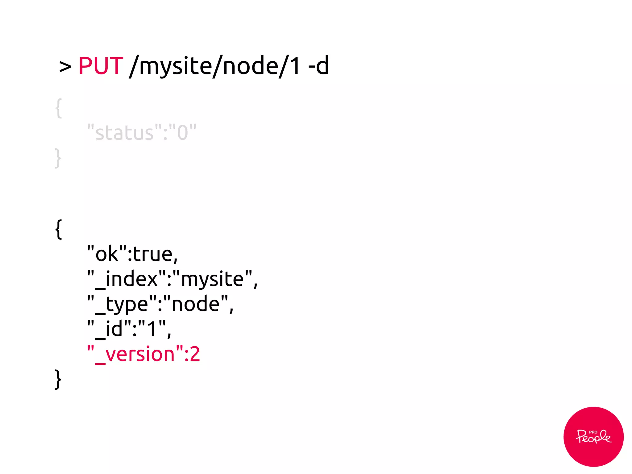> PUT /mysite/node/1 -d
{
"ok":true,
"_index":"mysite",
"_type":"node",
"_id":"1",
"_version":2
}
{
"status":"0"
}
 