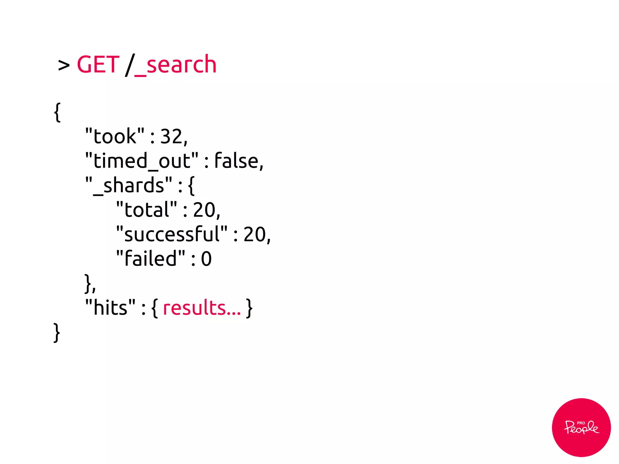 > GET /_search
{
"took" : 32,
"timed_out" : false,
"_shards" : {
"total" : 20,
"successful" : 20,
"failed" : 0
},
"hits" : { results... }
}
 