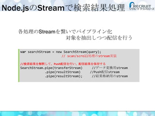 Node.jsのStreamで検索結果処理
各処理のStreamを繋いでパイプライン化
対象を抽出しつつ配信を行う
var searchStream = new SearchStream(query);
// scan/scroll処理のstr...