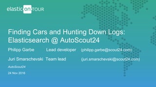 Finding Cars and Hunting Down Logs:
Elasticsearch @ AutoScout24
AutoScout24
24 Nov 2016
Philipp Garbe Lead developer (philipp.garbe@scout24.com)
Juri Smarschevski Team lead (juri.smarschevski@scout24.com)
 