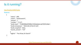 Is it running?
http://localhost:9200/?pretty
Response:
{
"status" : 200,
"name" : “elasticsearch",
"version" : {
"number" : "1.3.4",
"build_hash" : "f1585f096d3f3985e73456debdc1a0745f512bbc",
"build_timestamp" : "2015-04-21T14:27:12Z",
"build_snapshot" : false,
"lucene_version" : "4.9"
},
"tagline" : "You Know, for Search"
}
http://www.meetup.com/abctalks
 