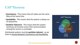 CAP Theorem
 Consistency - This means that all nodes see the same
data at the same time.
 Availability - This means that the system is always on,
no downtime.
 Partition Tolerance - This means that the system
continues to function even if the communication
among the servers is unreliable
Distributed systems must be partition tolerant , so we
have to choose between Consistency and Availability.
http://www.meetup.com/abctalks
 