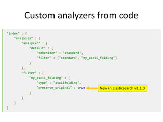 Custom analyzers from code
New in Elasticsearch v1.1.0
 