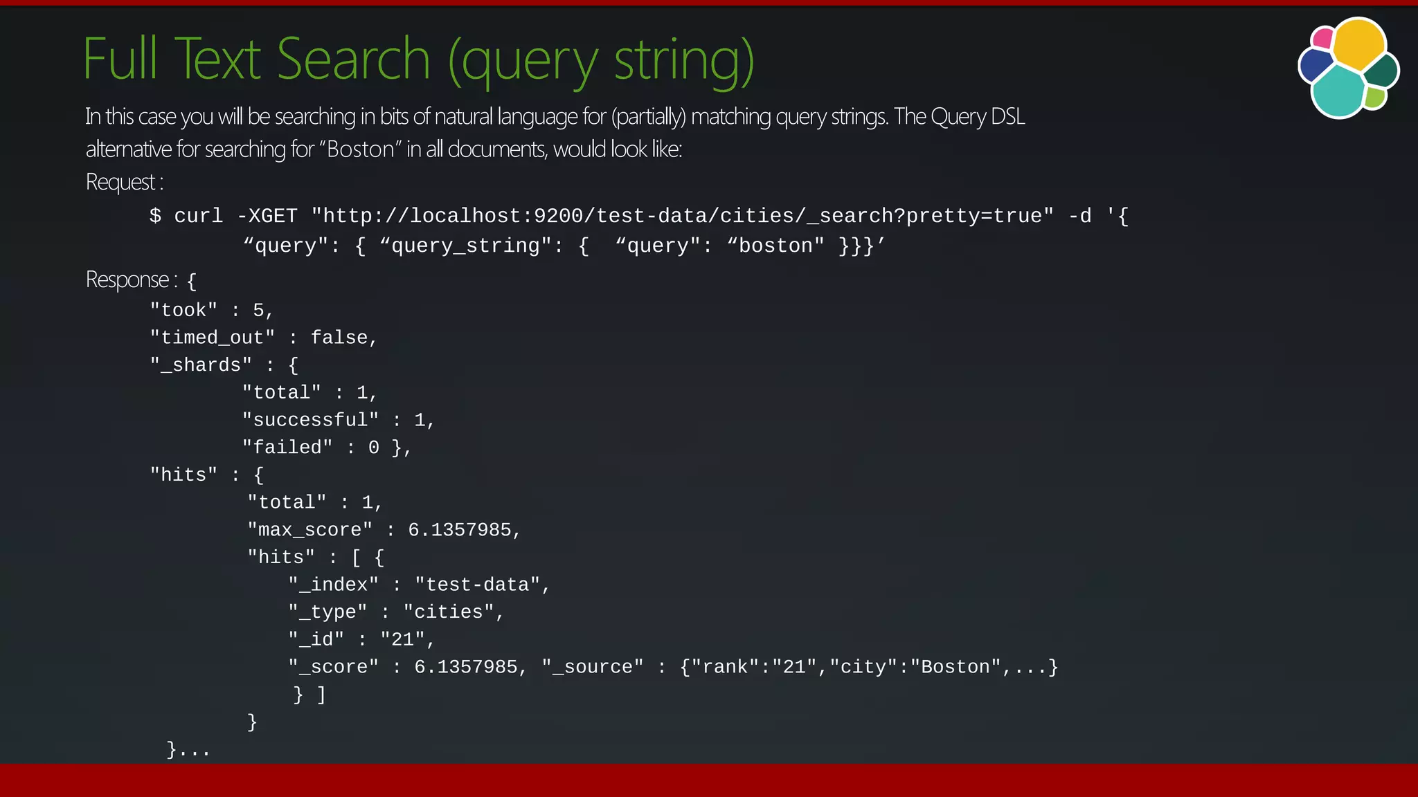 Full Text Search (query string)
Inthiscaseyouwillbe searchinginbitsofnaturallanguage for (partially) matchingquerystrings. TheQueryDSL
alternativefor searchingfor“Boston” inall documents, wouldlooklike:
Request:
$ curl -XGET "http://localhost:9200/test-data/cities/_search?pretty=true" -d '{
“query": { “query_string": { “query": “boston" }}}’
Response: {
"took" : 5,
"timed_out" : false,
"_shards" : {
"total" : 1,
"successful" : 1,
"failed" : 0 },
"hits" : {
"total" : 1,
"max_score" : 6.1357985,
"hits" : [ {
"_index" : "test-data",
"_type" : "cities",
"_id" : "21",
"_score" : 6.1357985, "_source" : {"rank":"21","city":"Boston",...}
} ]
}
}...
 