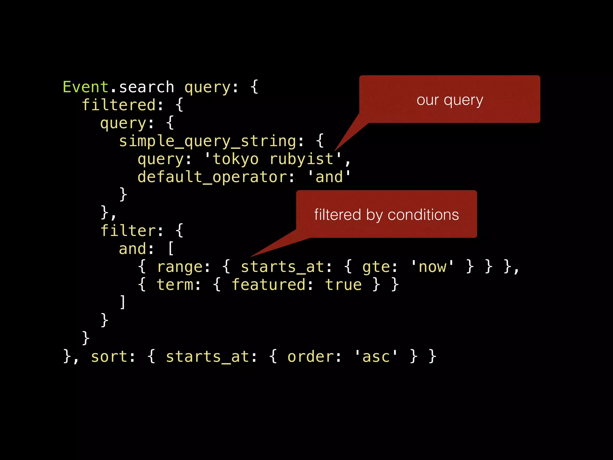 Event.search query: { filtered: { query: { simple_query_string: { query: 'tokyo rubyist', default_operator: 'and' } }, filter: { and: [ { range: { starts_at: { gte: 'now' } } }, { term: { featured: true } } ] } } }, sort: { starts_at: { order: 'asc' } } ﬁltered by conditions our query 