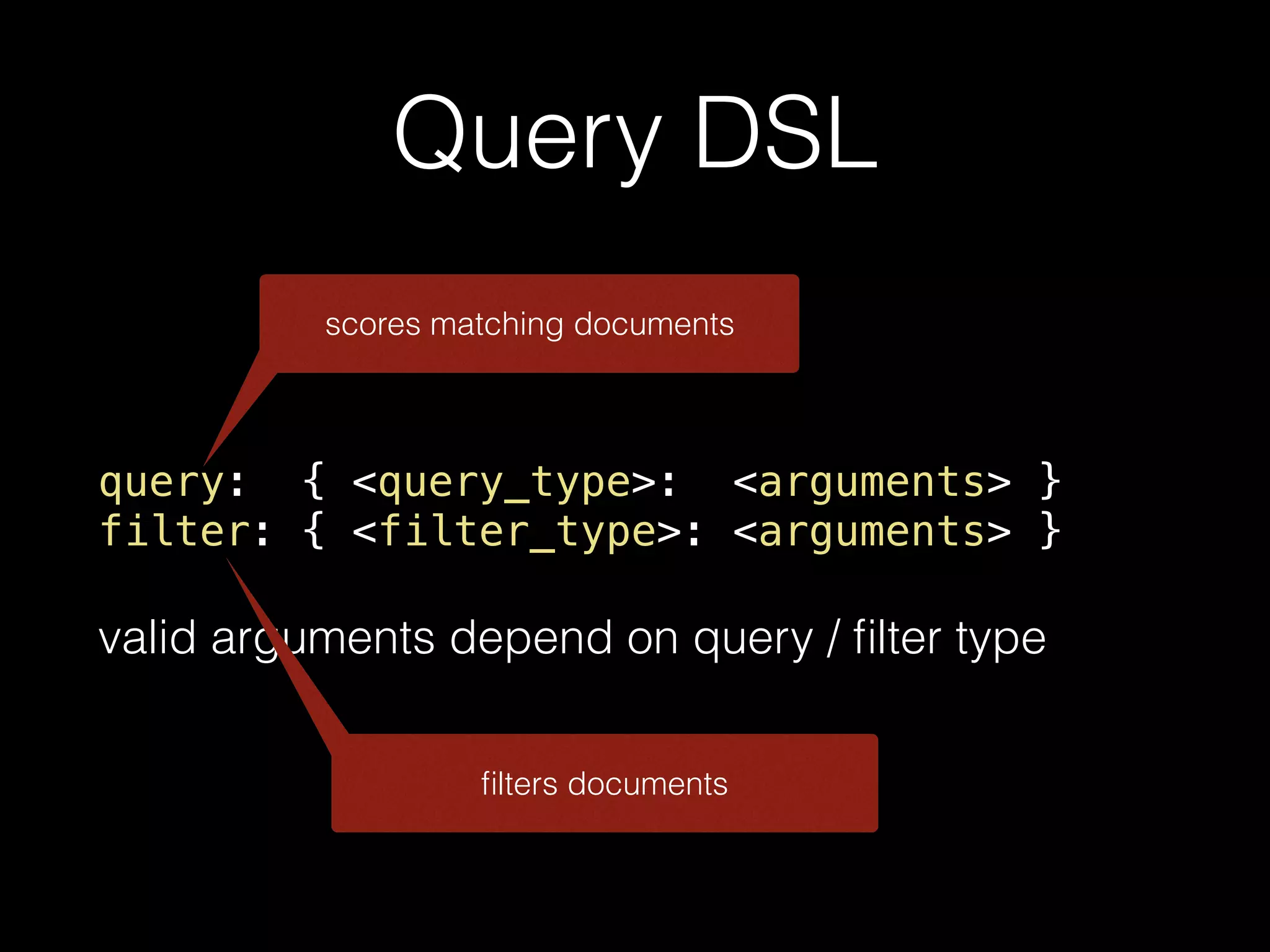 Query DSL query: { <query_type>: <arguments> } filter: { <filter_type>: <arguments> } valid arguments depend on query / ﬁlter type scores matching documents ﬁlters documents 