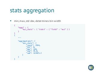 stats aggregation
• min, max, std dev, determines bin width
{
"aggs" : {
"eui_stats" : { "stats" : { "field" : "eui" } }
}
}
{
...
!
"aggregations": {
"eui_stats": {
"count": 2194,
"min": 0,
"max": 120,
"avg": 55.8,
"sum": 122425.2
}
}
}
 