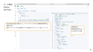 11
JSON形式。
RDBMSの表と比べ
ると見ずらい印象
データ確認
Kibana
DevTools
QueryDSL(SQL)を実行して、サーバメトリクスの１断面を取得する。
REST API
GET /インデックス名(DB)/タイプ名(表)/ドキュメント名(レコード)
 