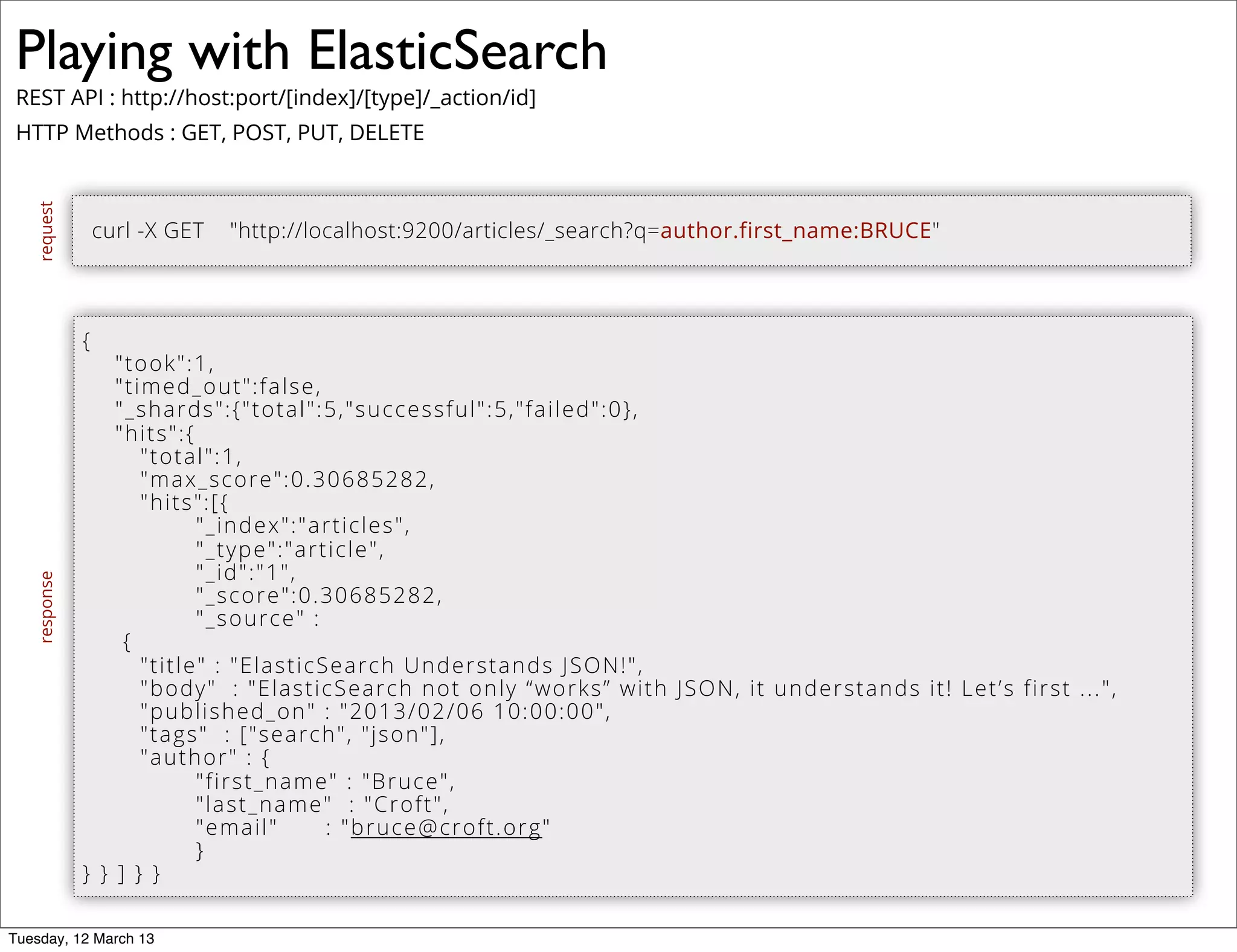 Playing with ElasticSearch
REST API : http://host:port/[index]/[type]/_action/id]
HTTP Methods : GET, POST, PUT, DELETE
{
"took":1,
"timed_out":false,
"_shards":{"total":5,"successful":5,"failed":0},
"hits":{
"total":1,
"max_score":0.30685282,
"hits":[{
"_index":"articles",
"_type":"article",
"_id":"1",
"_score":0.30685282,
"_source" :
{
"title" : "ElasticSearch Understands JSON!",
"body" : "ElasticSearch not only “works” with JSON, it understands it! Let’s first ...",
"published_on" : "2013/02/06 10:00:00",
"tags" : ["search", "json"],
"author" : {
"first_name" : "Bruce",
"last_name" : "Croft",
"email" : "bruce@croft.org"
}
} } ] } }
request
curl -X GET "http://localhost:9200/articles/_search?q=author.first_name:BRUCE"
response
Tuesday, 12 March 13
 