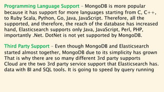 Elasticsearch MongoDB
A Java-based NoSQL database is called A C++-based document-
Elasticsearch can handle JSON documents ...