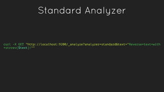 Standard Analyzer
curl -X GET "http://localhost:9200/_analyze?analyzer=standard&text="Reverse+text+with
+strrev($text)!""
 