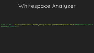 Whitespace Analyzer
curl -X GET "http://localhost:9200/_analyze?analyzer=whitespace&text="Reverse+text+with
+strrev($text)...