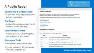 A Public Repo!
Community & Collaboration
• A dev-first mentality for malicious
behavior detection
The Rules
• A place to engage on rules for all
users of Elastic Security
Contribution Guides
• Creating issues, submitting PRs,
our philosophy, and more!
Developer Tools
• Interactive CLI to create rules
• Syntax validation, ECS schemas,
metadata checker, etc. github.com/elastic/detection-rules
Get involved with the
security community at
Elastic
 