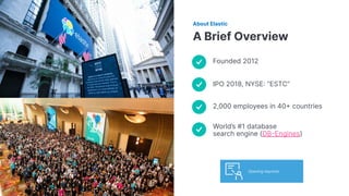 2,000 employees in 40 countries
IPO 2018, NYSE “ESTC”
Founded 2012
A Brief Overview
About Elastic
World’s #1 database
search engine (DBEngines)
Opening keynote
 