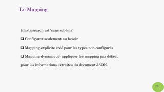 25
Elasticsearch est ‘sans schéma’
 Configurer seulement au besoin
 Mapping explicite créé pour les types non configurés
 Mapping dynamique: appliquer les mapping par défaut
pour les informations extraites du document JSON.
Le Mapping
 