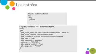 36
Les entrées
# Input à partir d'un fichier
input {
file {
path => ...
}
}
# Input à partir d'une base de données MySQL
input {
jdbc {
jdbc_driver_library => "/path/to/mysql-connector-java-5.1.33-bin.jar"
jdbc_driver_class => "com.mysql.jdbc.Driver"
jdbc_connection_string => "jdbc:mysql://host:port/database"
jdbc_user => "user"
jdbc_password => "password"
statement => "SELECT ..."
jdbc_paging_enabled => "true"
jdbc_page_size => "50000"
}
}
 