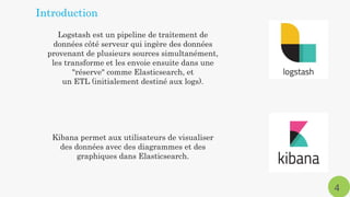 Logstash est un pipeline de traitement de
données côté serveur qui ingère des données
provenant de plusieurs sources simultanément,
les transforme et les envoie ensuite dans une
"réserve" comme Elasticsearch, et
un ETL (initialement destiné aux logs).
Kibana permet aux utilisateurs de visualiser
des données avec des diagrammes et des
graphiques dans Elasticsearch.
4
Introduction
 