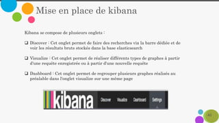 40
Mise en place de kibana
Kibana se compose de plusieurs onglets :
 Discover : Cet onglet permet de faire des recherches via la barre dédiée et de
voir les résultats bruts stockés dans la base elasticsearch
 Visualize : Cet onglet permet de réaliser différents types de graphes à partir
d'une requête enregistrée ou à partir d'une nouvelle requête
 Dashboard : Cet onglet permet de regrouper plusieurs graphes réalisés au
préalable dans l'onglet visualize sur une même page
 