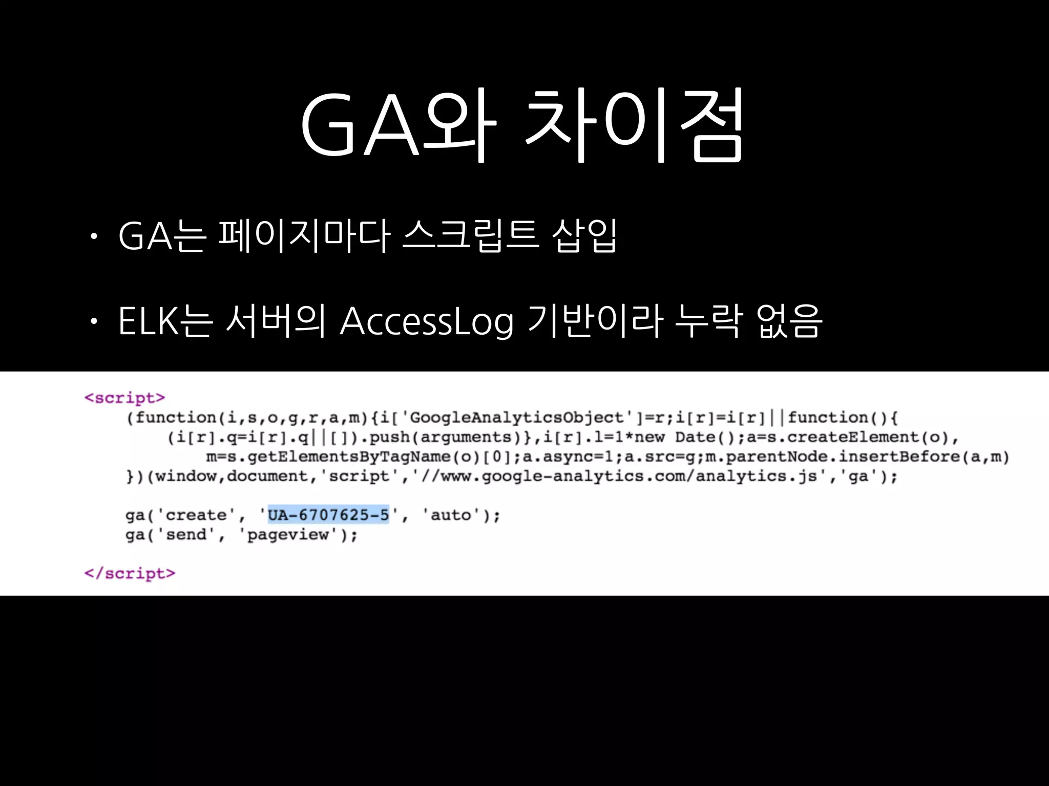 GA와 차이점
• GA는 페이지마다 스크립트 삽입
• ELK는 서버의 AccessLog 기반이라 누락 없음
 