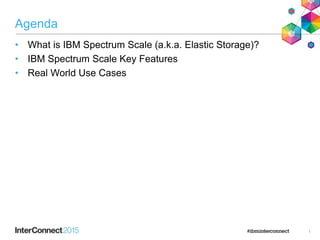 Agenda
• What is IBM Spectrum Scale (a.k.a. Elastic Storage)?
• IBM Spectrum Scale Key Features
• Real World Use Cases
1
 