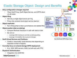 32
Elastic Storage Object: Design and Benefits
• Only configuration changes required
• Place Swift Proxy, Swift Object Service, and GPFS client
on all nodes
• Object Ring
• Set only a single object server per ring
• Proxy only contacts local object service daemon
• Object-replicator
• Run infrequently to clean up tombstone and deleted files
• Object-auditor (disk scrubbing)
• Compare file-level checksum in xattr with data on disk
• Do not run
– Leverage GSS checksums and disk scrubbing/auditing
– Leverage ‘immutability’ bits to prevent changes
• Swift Virtual Devices and Partitions
• Create a ‘reasonably’ sized directory tree depending on
expected number of objects
• Currently focus on shared storage GPFS deployment
• E.g., GSS, NSD servers,=SAN, but will work with FPO
• Keystone Authentication
• Integration into LDAP/AD
Proxy
Service
HTTP Swift
Requests
GPFS
Object
Nodes
Load Balancer
Storage
Network
..Object
Service
GPFS
Geo-Distributed GPFS Object Store
SSD Fast
Disk
Slow
Disk
Tape
Keystone
Authentication
Service
Swift Services
Proxy
Service
Object
Service
GPFS
Additional
Services in
Cluster
Memcached
 