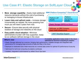  More storage capability - Easily meet additional
resource demands without the cost of purchasing
or managing in-house infrastructure
 Lower risks and upfront costs – increase storage
incrementally as needed. No more guessing how
much you will need 3 years from now.
 Secure - Ensure data security with physical
isolation of storage and networks on the cloud
 Easy public cloud adoption - Minimize
administrative burden with fully supported, ready-
to-run software defined storage in the cloud
What’s new
• Elastic Storage delivered as a service, bringing high performance, scalable storage and integrated data
governance for managing large amounts of data and files in the cloud
• Deployed on dedicated bare metal resources at a named data center for optimal I/O performance & security
• Optimized for technical computing & analytics workloads
• Installed, integrated & administered by skilled Cloud Ops team
A complete, application-ready cluster in the cloud,
optimized for technical computing & analytics
Use Case #1: Elastic Storage on SoftLayer Cloud
Platform LSF
(SaaS)
Platform
Symphony
(SaaS)
SoftLayer, an IBM Company
bare metal infrastructure
24X7 CloudOps Support
Elastic Storage (GPFS) on Cloud
IBM® Platform Computing™ Cloud Service
 