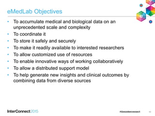 eMedLab Objectives
• To accumulate medical and biological data on an
unprecedented scale and complexity
• To coordinate it
• To store it safely and securely
• To make it readily available to interested researchers
• To allow customized use of resources
• To enable innovative ways of working collaboratively
• To allow a distributed support model
• To help generate new insights and clinical outcomes by
combining data from diverse sources
45
 